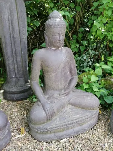 Product image of the product “Sitting buddha, India,                100 cm height, cast stone, hollow, handcrafted & coloured ”